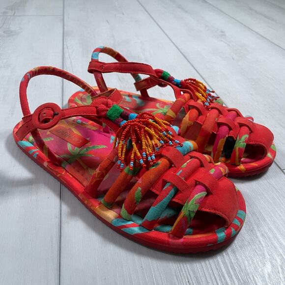 FARM Rio Shoes - Farm Rio Women's 8 Tropical Tube Strap Beaded Sandal Travel Boho Red Orange